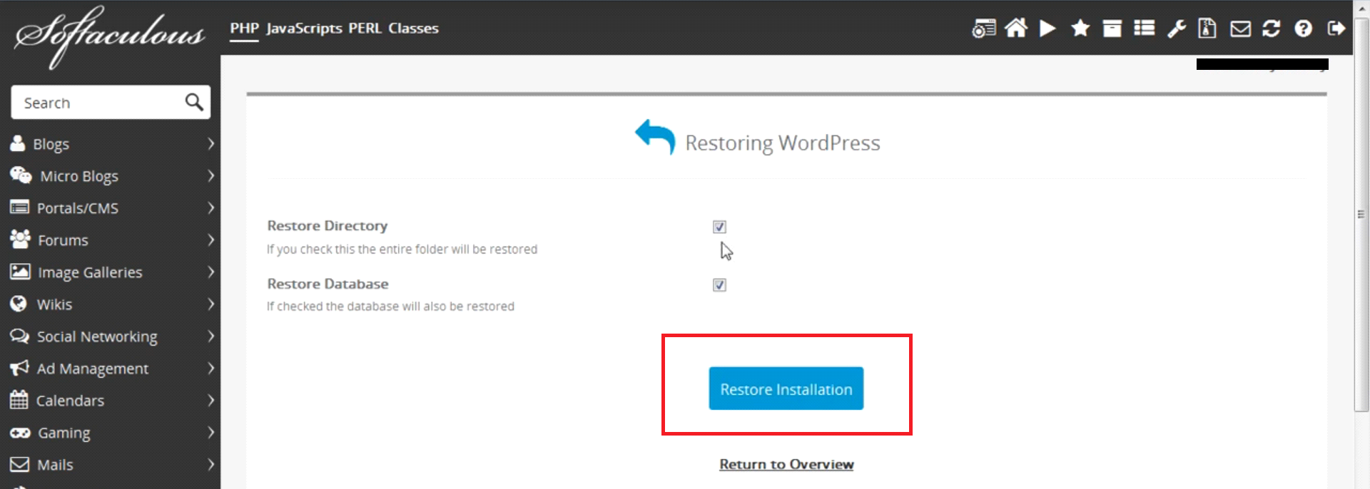 Wordpress Backup Restoration From Softaculous