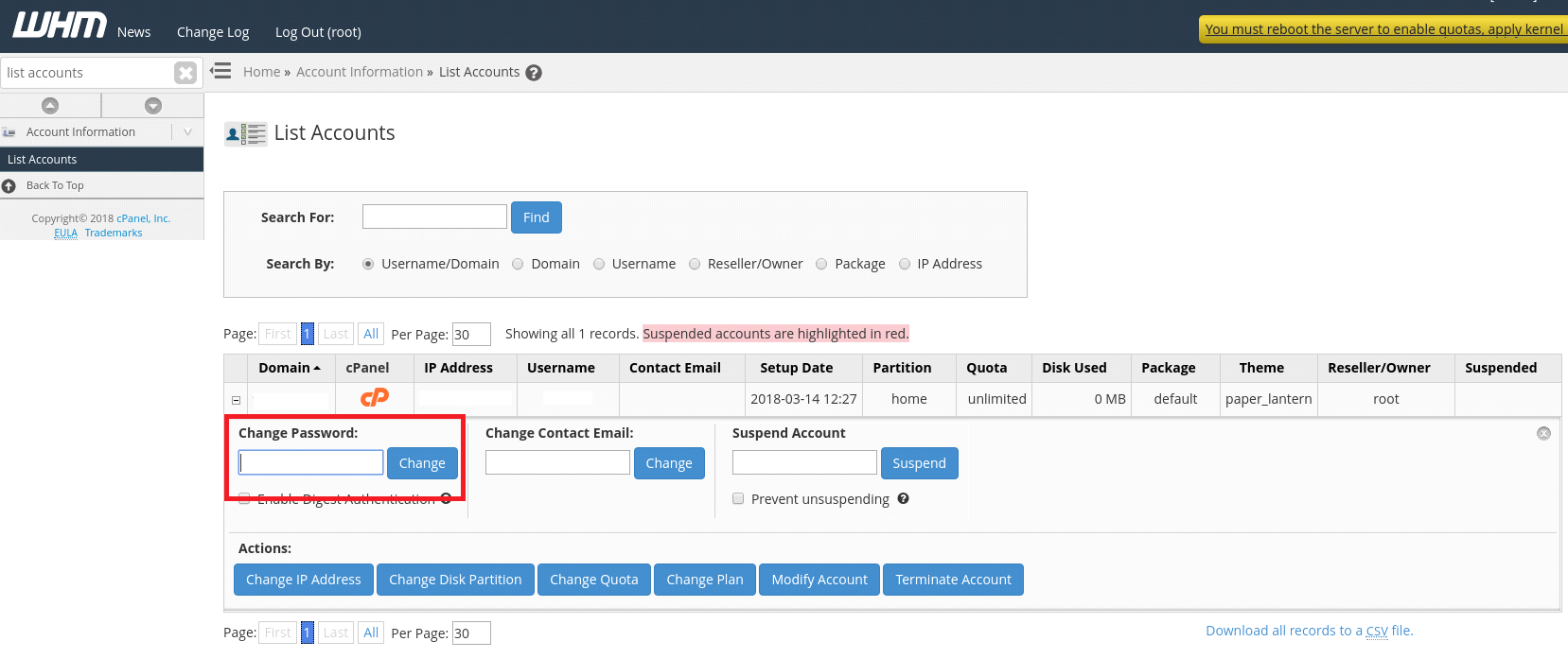 Reset Cpanel Password