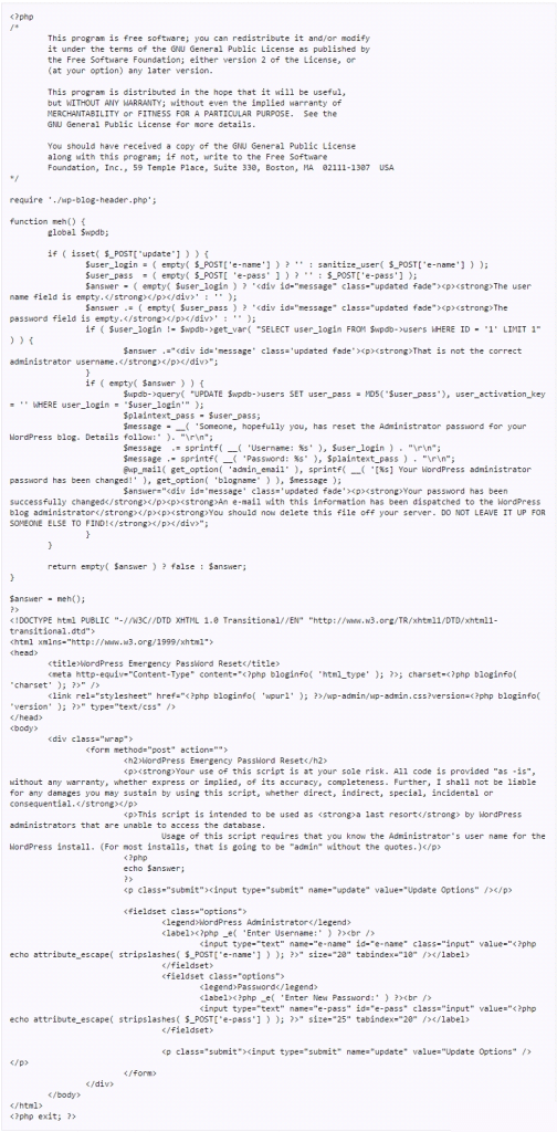 Reset Wordpress Admin Password Using Emergency Password Reset Script