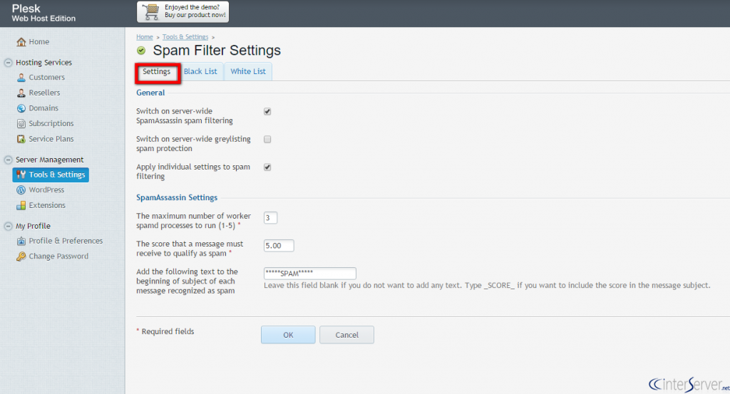 Spam Filter Settings In Plesk