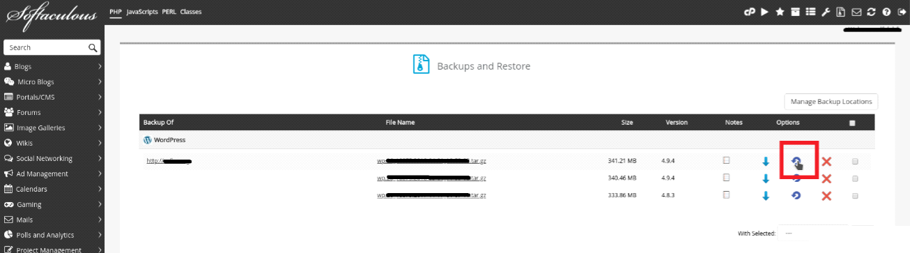 WordPress Backup Restoration from Softaculous