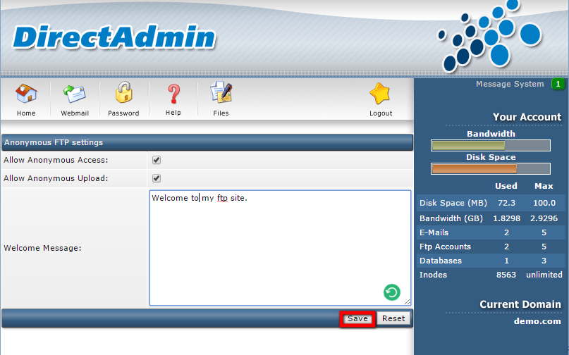 FTP Administration in DirectAdmin