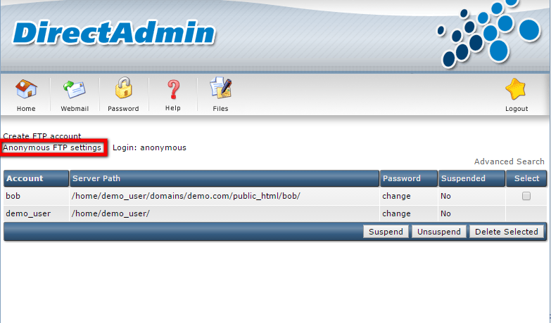 FTP Administration in DirectAdmin