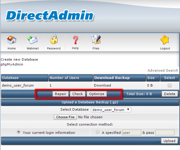 MySQL Management in Direct Admin