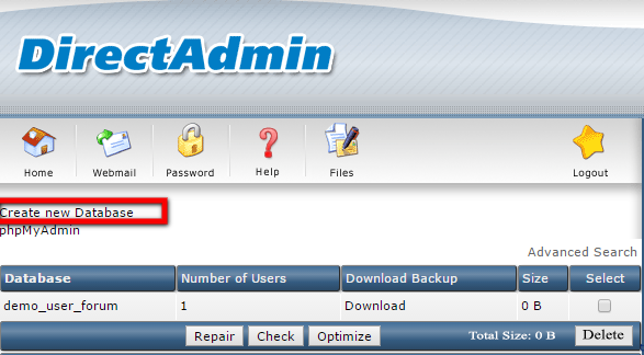 MySQL Management in Direct Admin