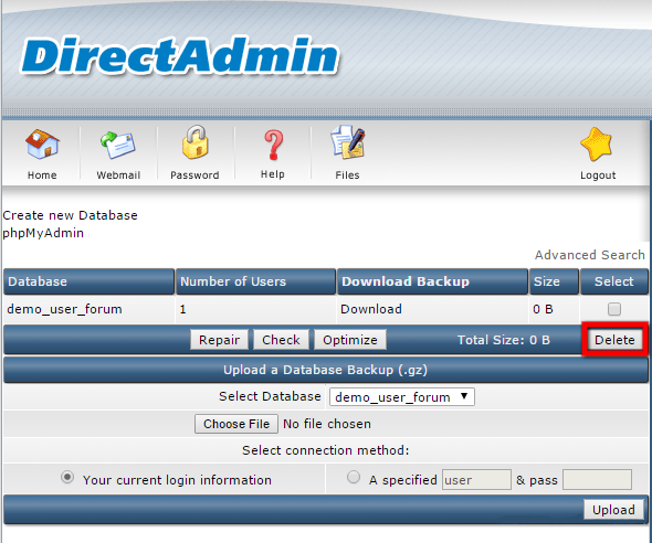 MySQL Management in Direct Admin