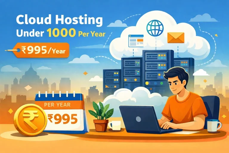 Illustration showing cloud hosting under 1000 per year in India with ₹995 annual pricing, featuring a person working on a laptop connected to cloud servers and hosting infrastructure in the background.
