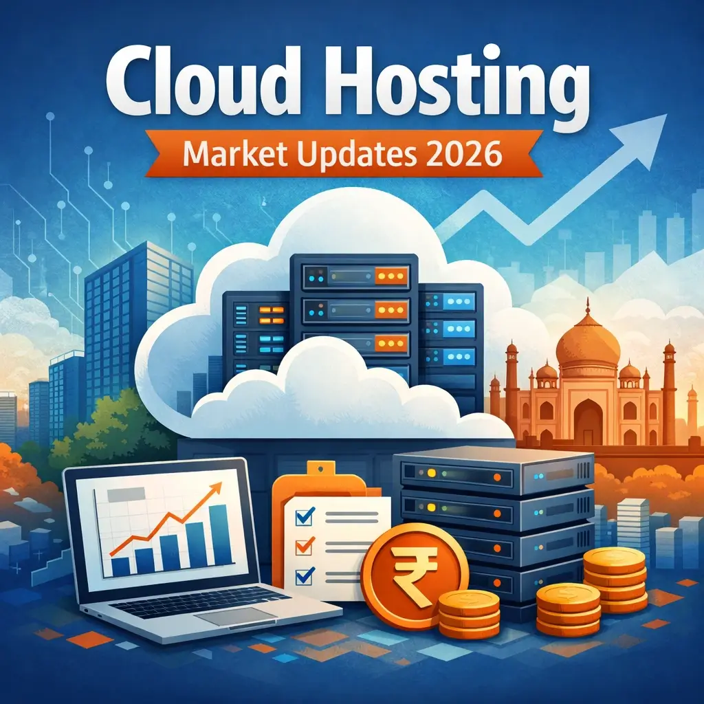 Illustration showing cloud servers inside a cloud symbol, Indian data center skyline, laptop with growth chart, server racks, and rupee symbol representing cloud hosting market updates and pricing trends in India.