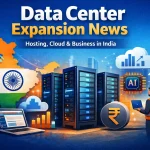 Data Center Expansion News : Illustration showing data center server racks, cloud computing icons, AI chip, 5G tower, and India map representing digital infrastructure growth.