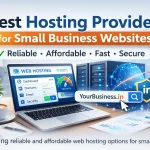 Laptop showing web hosting dashboard with servers and domain search, representing reliable and affordable small business website hosting in India by WebHostingPeople.