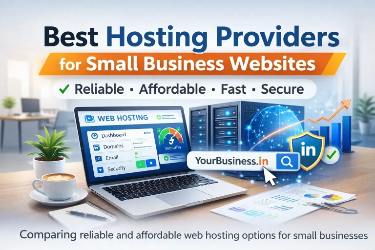 Laptop showing web hosting dashboard with servers and domain search, representing reliable and affordable small business website hosting in India by WebHostingPeople.