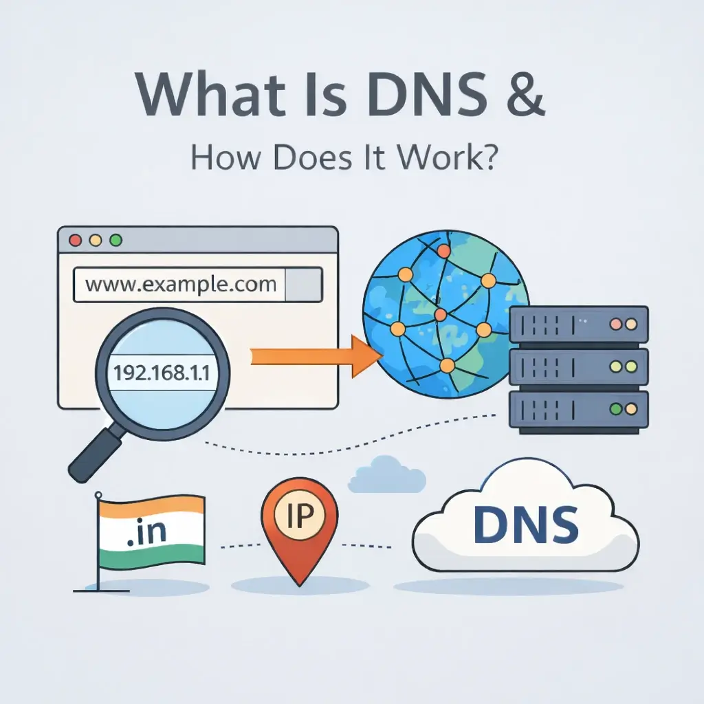 Illustration showing how DNS works by translating a domain name into an IP address, connecting a browser request to web servers through the domain name system.