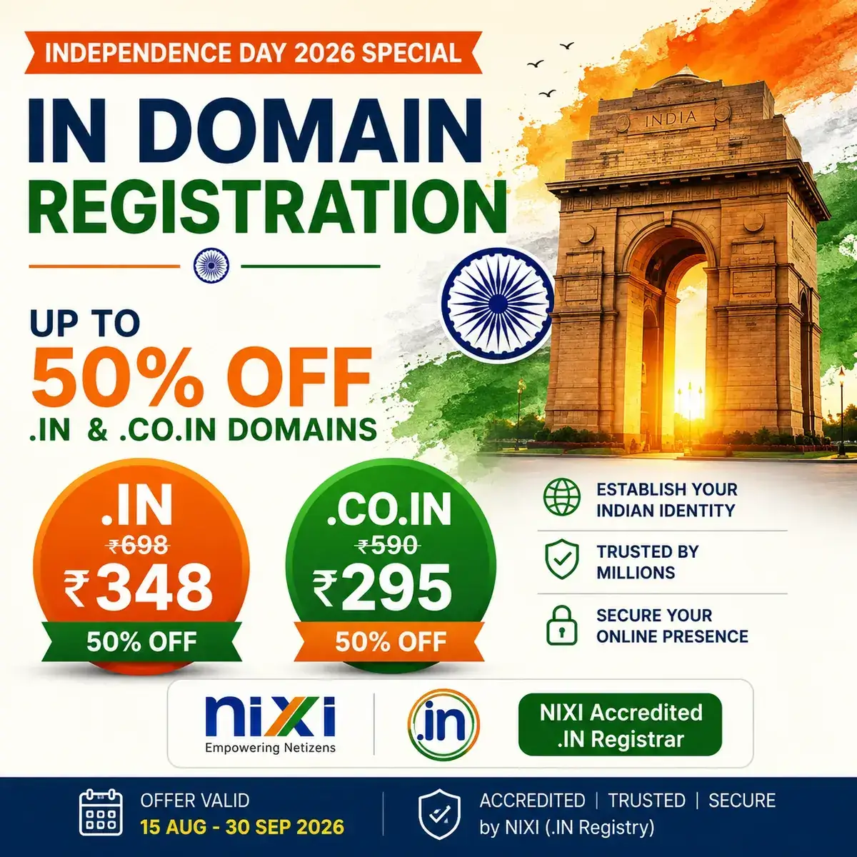 Independence Day 2026 IN domain registration offer with up to 50% off